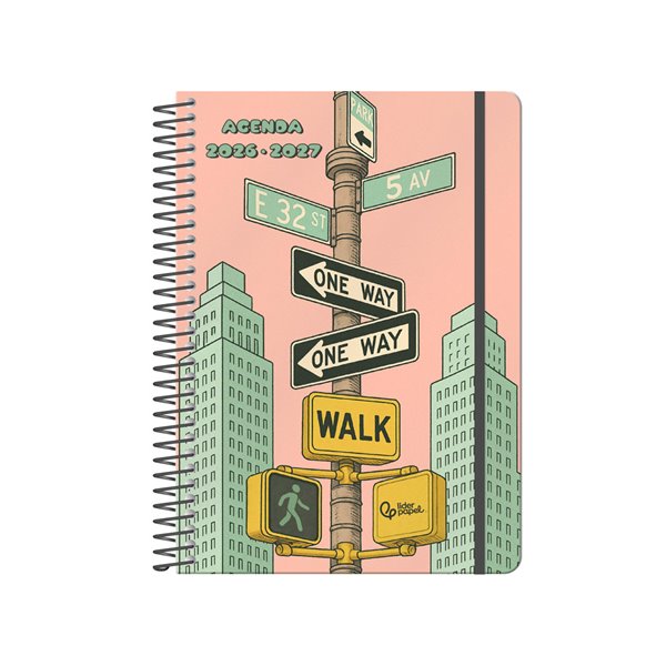Agenda escolar liderpapel 26-27 espiral city rosa dia pagina a5 bilingue 80g papel fsc amarillo
