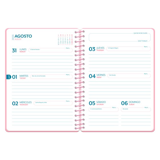 Agenda escolar liderpapel 26-27 espiral cottage semana vista a5 bilingue 80g papel fsc rosa fresas