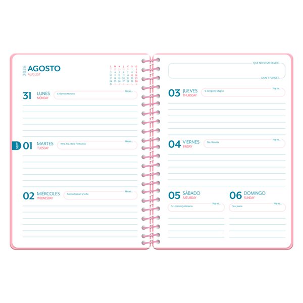 Agenda escolar liderpapel 26-27 espiral cottage semana vista a5 bilingue 80g papel fsc rosa fresas