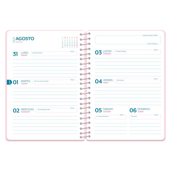 Agenda escolar liderpapel 26-27 espiral cottage semana vista a5 bilingue 80g papel fsc rosa corazones