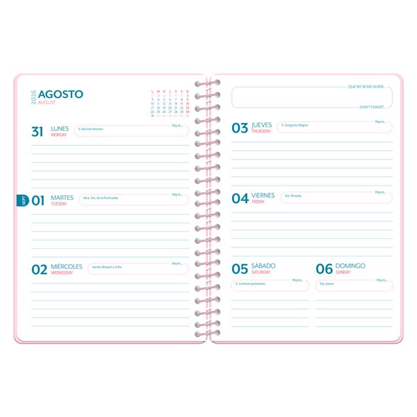 Agenda escolar liderpapel 26-27 espiral cottage semana vista a5 bilingue 80g papel fsc rosa corazones