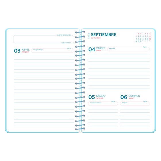 Agenda escolar liderpapel 26-27 espiral cottage dia pagina a5 bilingue 80g papel fsc azul corazones