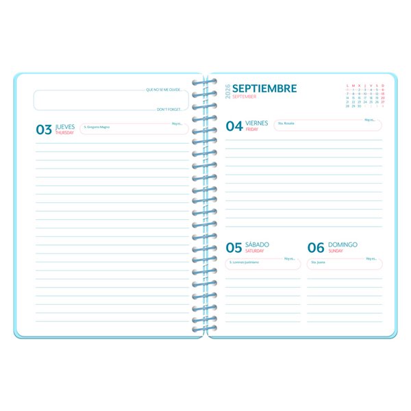 Agenda escolar liderpapel 26-27 espiral cottage dia pagina a5 bilingue 80g papel fsc azul corazones