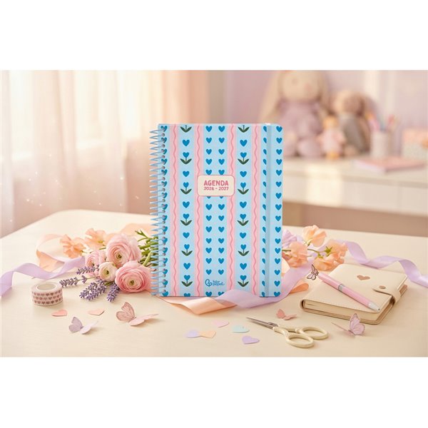 Agenda escolar liderpapel 26-27 espiral cottage dia pagina a5 bilingue 80g papel fsc azul corazones