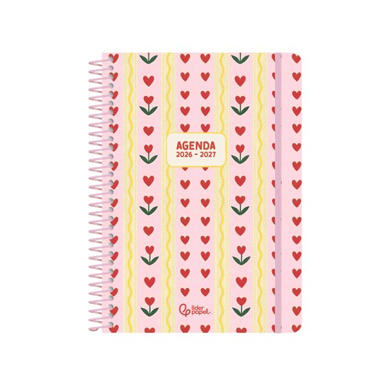 Agenda escolar liderpapel 26-27 espiral cottage dia pagina a5 bilingue 80g papel fsc rosa corazones
