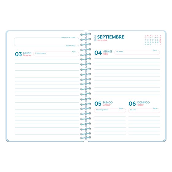 Agenda escolar liderpapel 26-27 espiral petite dia pagina a5 bilingue 80g papel fsc azul