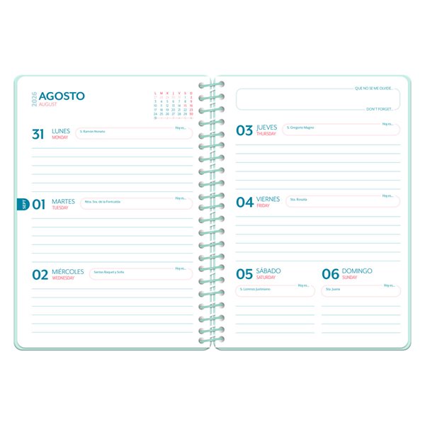 Agenda escolar liderpapel 26-27 espiral petite semana vista a5 bilingue 80g papel fsc morado