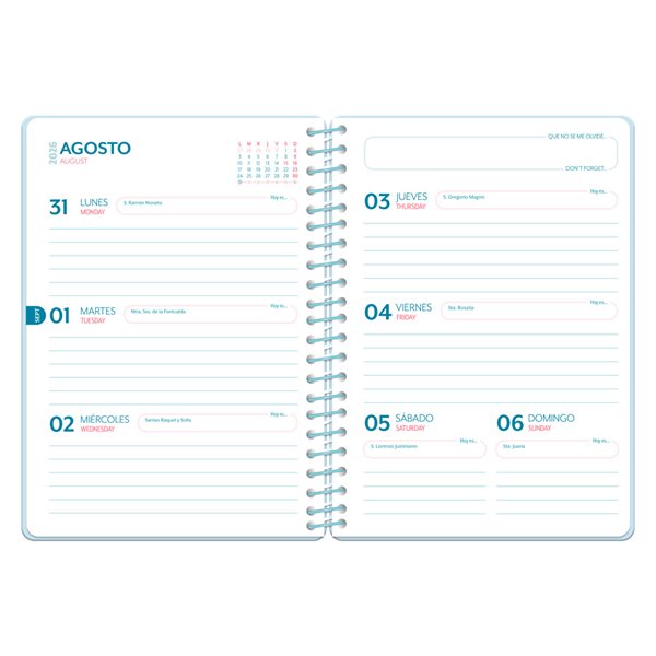 Agenda escolar liderpapel 26-27 espiral petite semana vista a5 bilingue 80g papel fsc azul