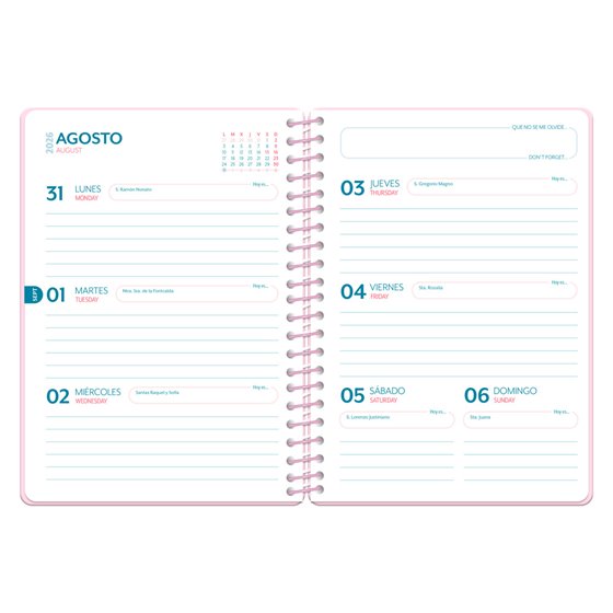 Agenda escolar liderpapel 26-27 espiral petite semana vista a5 bilingue 80g papel fsc rosa