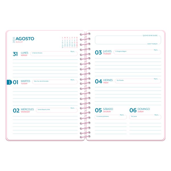 Agenda escolar liderpapel 26-27 espiral petite semana vista a5 bilingue 80g papel fsc rosa