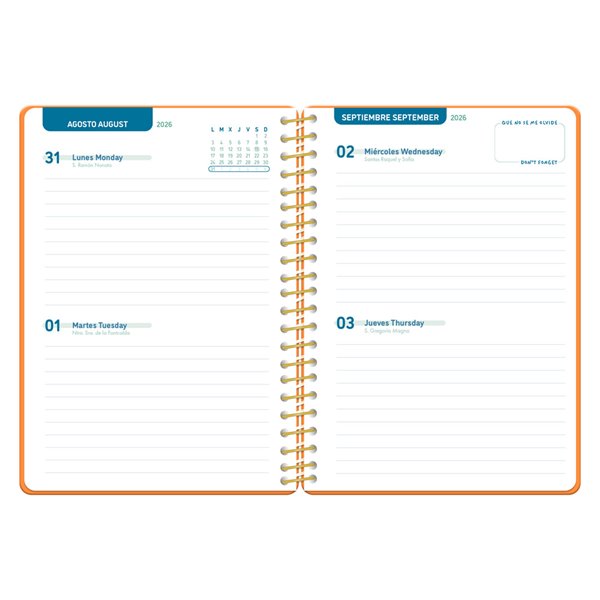 Agenda escolar liderpapel 26-27 espiral classic 2 dias pagina a5 bilingue 70g papel fsc naranja
