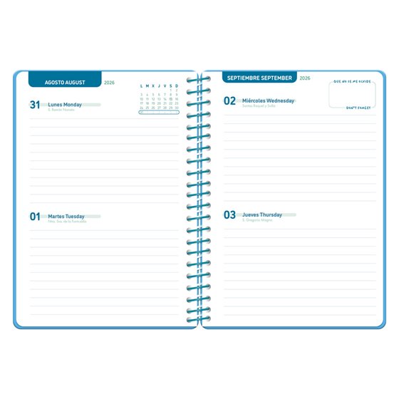 Agenda escolar liderpapel 26-27 espiral classic 2 dias pagina a5 bilingue 70g papel fsc azul
