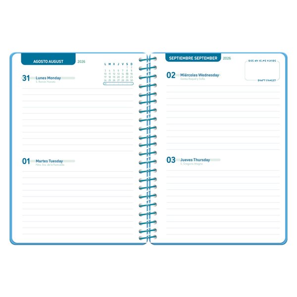 Agenda escolar liderpapel 26-27 espiral classic 2 dias pagina a5 bilingue 70g papel fsc azul