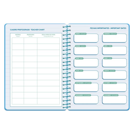 Agenda escolar liderpapel 26-27 espiral classic 2 dias pagina a5 bilingue 70g papel fsc azul