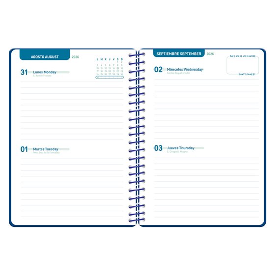 Agenda escolar liderpapel 26-27 espiral classic 2 dias pagina a5 bilingue 70g papel fsc azul marino