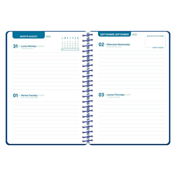 Agenda escolar liderpapel 26-27 espiral classic 2 dias pagina a5 bilingue 70g papel fsc azul marino