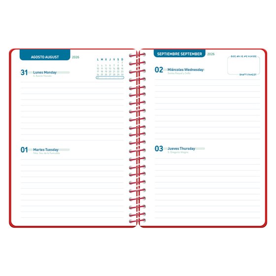Agenda escolar liderpapel 26-27 espiral classic 2 dias pagina a5 bilingue 70g papel fsc rojo