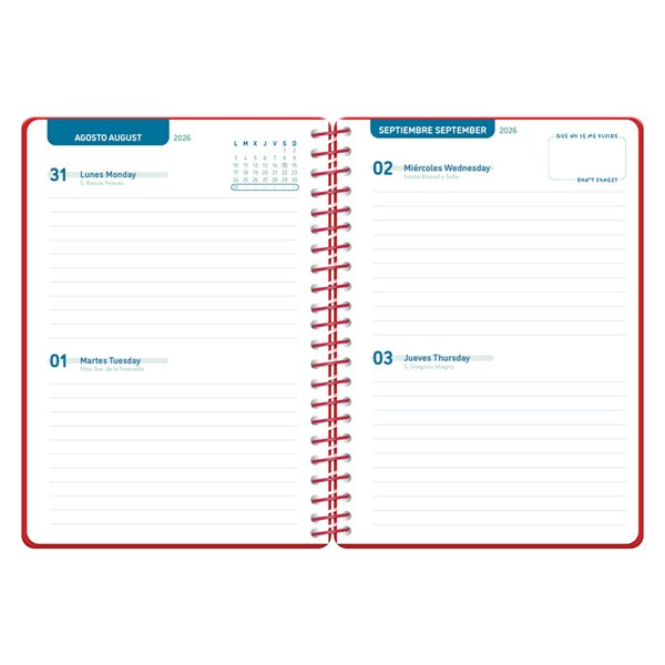 Agenda escolar liderpapel 26-27 espiral classic 2 dias pagina a5 bilingue 70g papel fsc rojo
