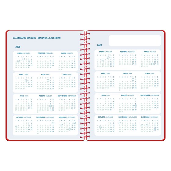 Agenda escolar liderpapel 26-27 espiral classic 2 dias pagina a5 bilingue 70g papel fsc rojo