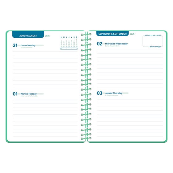 Agenda escolar liderpapel 26-27 espiral classic 2 dias pagina a5 bilingue 70g papel fsc verde