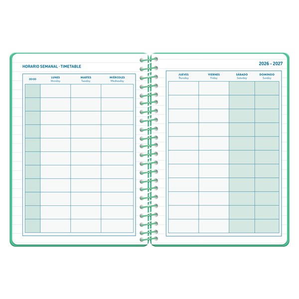 Agenda escolar liderpapel 26-27 espiral classic 2 dias pagina a5 bilingue 70g papel fsc verde