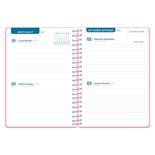 Agenda escolar liderpapel 26-27 espiral classic 2 dias pagina a5 bilingue 70g papel fsc rosa