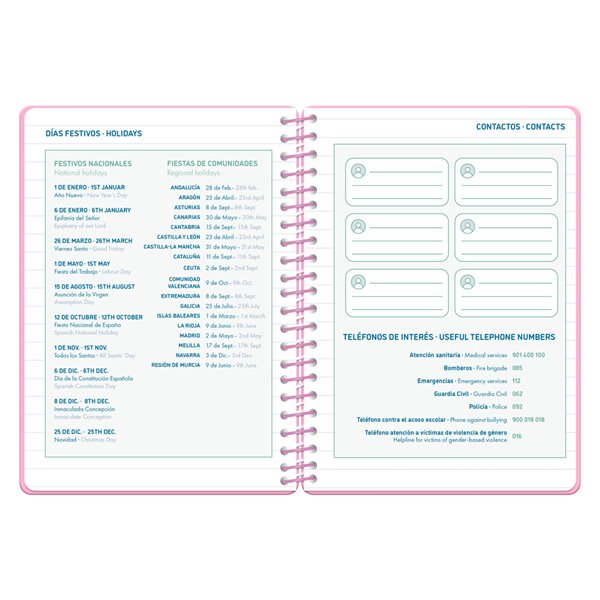 Agenda escolar liderpapel 26-27 espiral classic 2 dias pagina a5 bilingue 70g papel fsc rosa