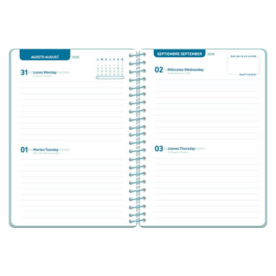 Agenda escolar liderpapel 26-27 espiral classic 2 dias pagina a5 bilingue 70g papel fsc azul turquesa