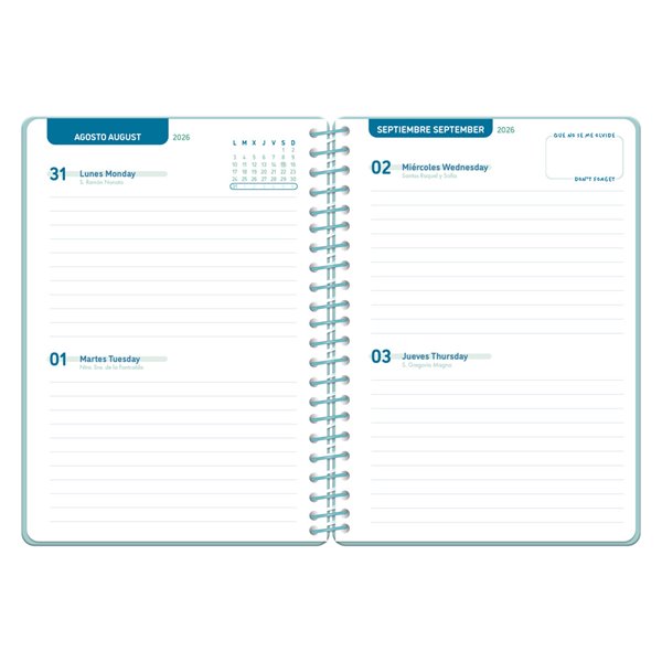 Agenda escolar liderpapel 26-27 espiral classic 2 dias pagina a5 bilingue 70g papel fsc azul turquesa