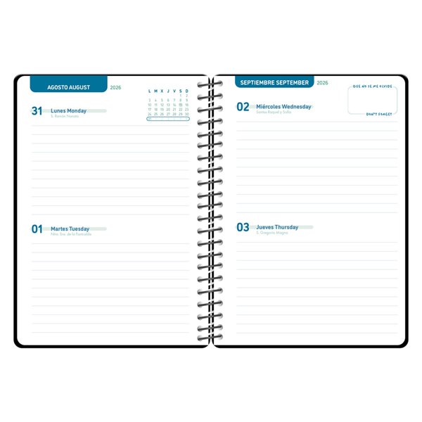 Agenda escolar liderpapel 26-27 espiral classic 2 dias pagina a5 bilingue 70g papel fsc negro