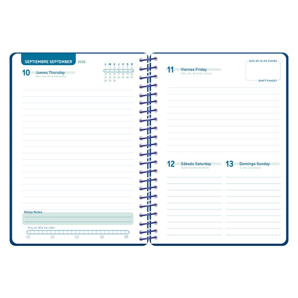 Agenda escolar liderpapel 26-27 espiral classic dia pagina a5 bilingue 70g papel fsc azul marino