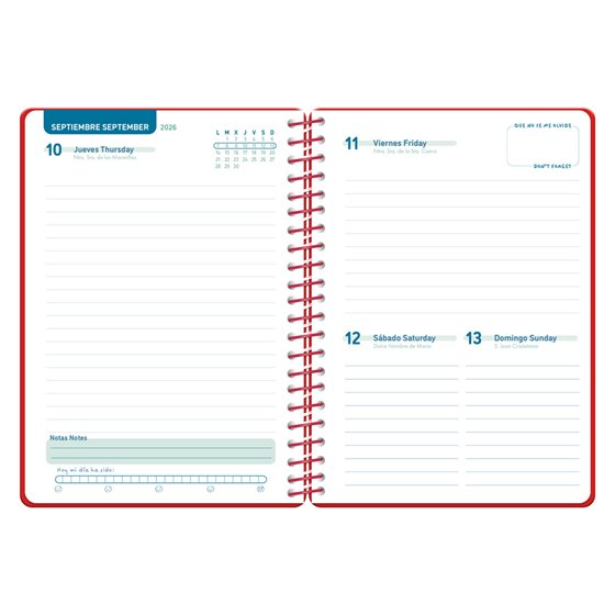 Agenda escolar liderpapel 26-27 espiral classic dia pagina a5 bilingue 70g papel fsc rojo