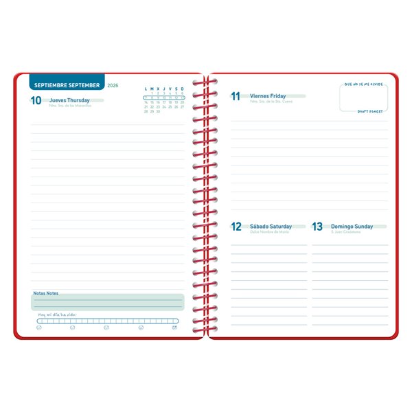 Agenda escolar liderpapel 26-27 espiral classic dia pagina a5 bilingue 70g papel fsc rojo