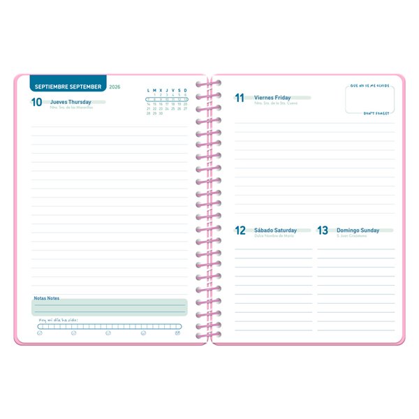 Agenda escolar liderpapel 26-27 espiral classic dia pagina a5 bilingue 70g papel fsc rosa