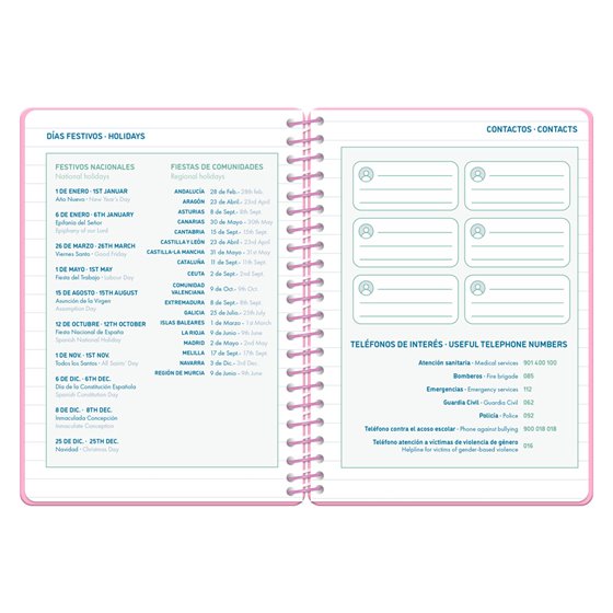 Agenda escolar liderpapel 26-27 espiral classic dia pagina a5 bilingue 70g papel fsc rosa