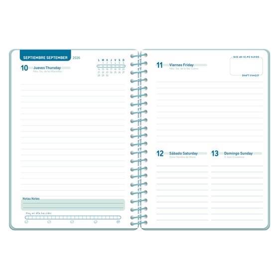 Agenda escolar liderpapel 26-27 espiral classic dia pagina a5 bilingue 70g papel fsc azul turquesa