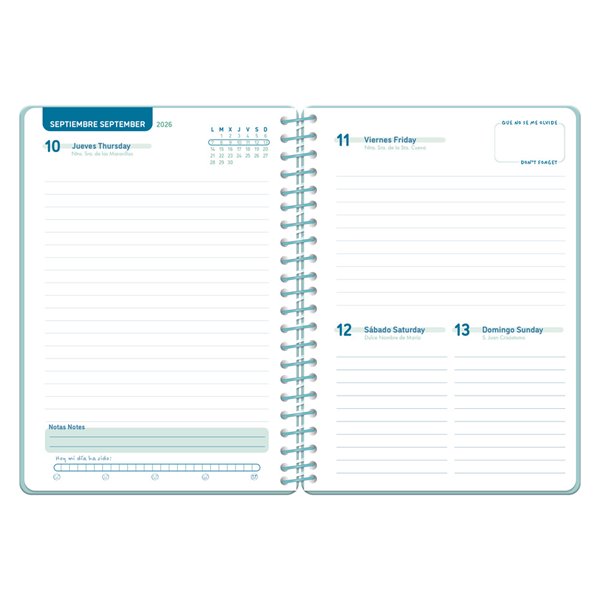 Agenda escolar liderpapel 26-27 espiral classic dia pagina a5 bilingue 70g papel fsc azul turquesa