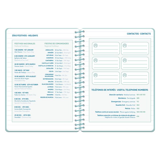 Agenda escolar liderpapel 26-27 espiral classic dia pagina a5 bilingue 70g papel fsc azul turquesa