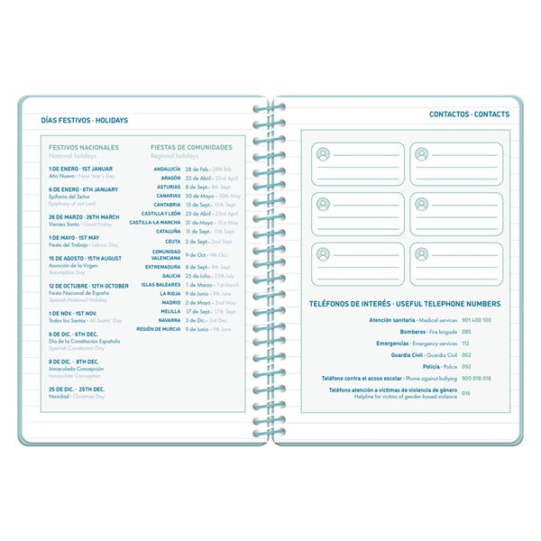 Agenda escolar liderpapel 26-27 espiral classic dia pagina a5 bilingue 70g papel fsc azul turquesa