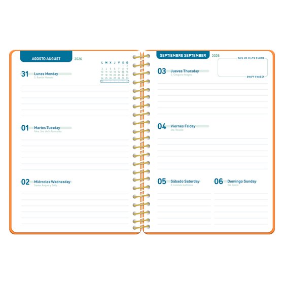 Agenda escolar liderpapel 26-27 espiral classic semana vista a5 bilingue 70g papel fsc naranja