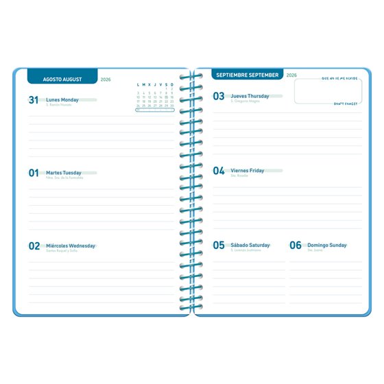 Agenda escolar liderpapel 26-27 espiral classic semana vista a5 bilingue 70g papel fsc azul
