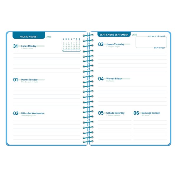 Agenda escolar liderpapel 26-27 espiral classic semana vista a5 bilingue 70g papel fsc azul