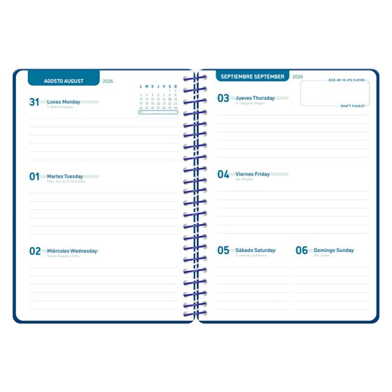 Agenda escolar liderpapel 26-27 espiral classic semana vista a5 bilingue 70g papel fsc azul marino