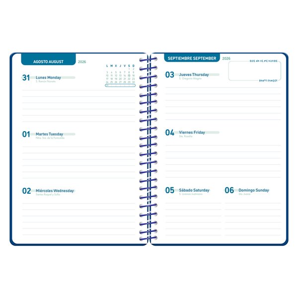Agenda escolar liderpapel 26-27 espiral classic semana vista a5 bilingue 70g papel fsc azul marino