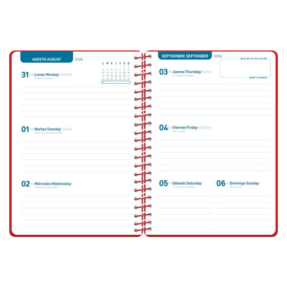 Agenda escolar liderpapel 26-27 espiral classic semana vista a5 bilingue 70g papel fsc rojo
