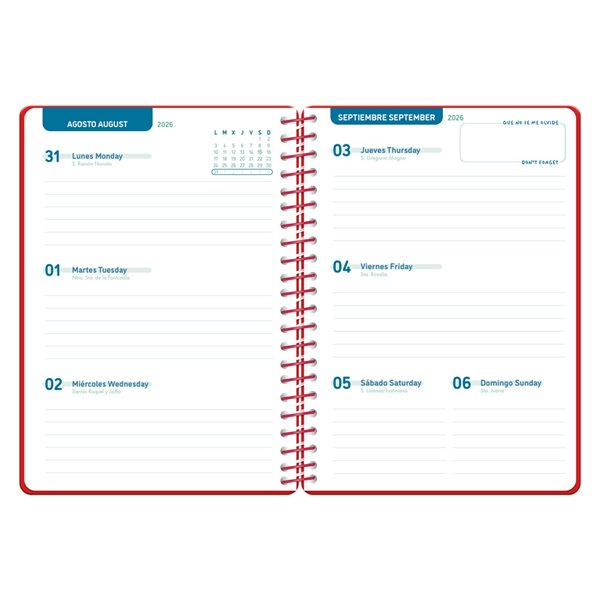 Agenda escolar liderpapel 26-27 espiral classic semana vista a5 bilingue 70g papel fsc rojo