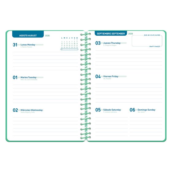 Agenda escolar liderpapel 26-27 espiral classic semana vista a5 bilingue 70g papel fsc verde