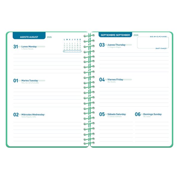 Agenda escolar liderpapel 26-27 espiral classic semana vista a5 bilingue 70g papel fsc verde