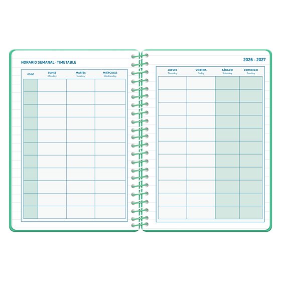 Agenda escolar liderpapel 26-27 espiral classic semana vista a5 bilingue 70g papel fsc verde