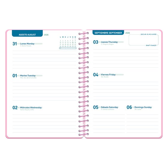 Agenda escolar liderpapel 26-27 espiral classic semana vista a5 bilingue 70g papel fsc rosa